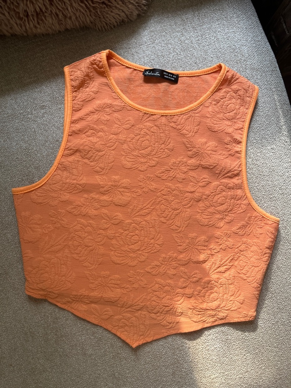 Orange Sleeveless Floral Jacquard Cropped Top